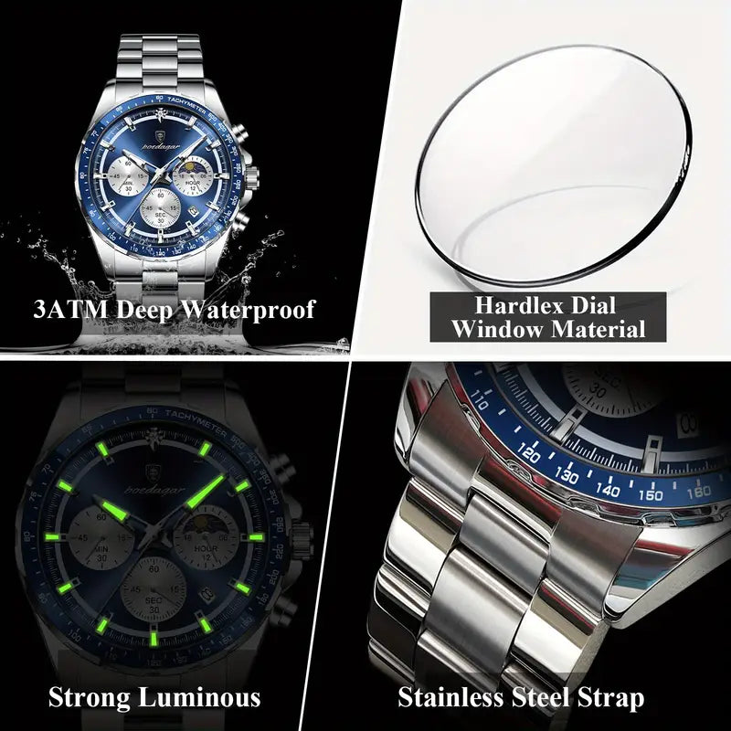 POEDAGAR Men's Stainless Steel Sports Watch