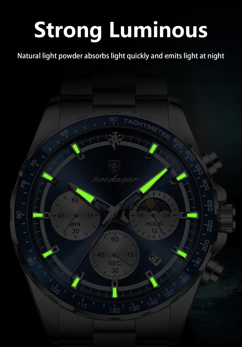 POEDAGAR Men's Stainless Steel Sports Watch
