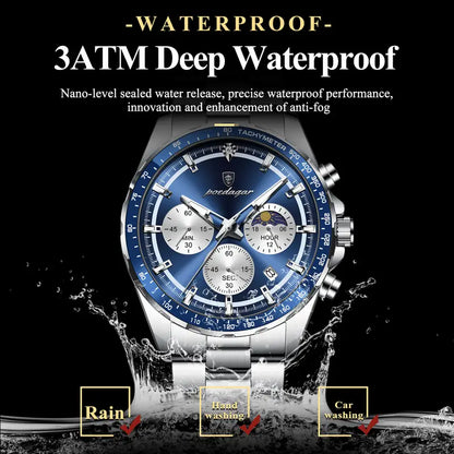 POEDAGAR Men's Stainless Steel Sports Watch