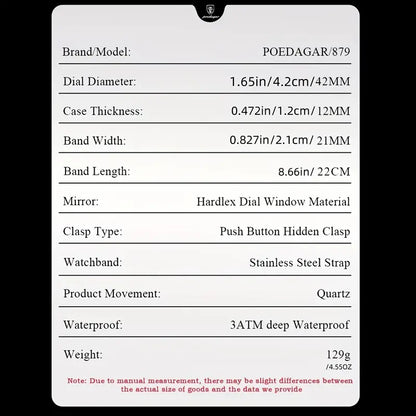 POEDAGAR Men's Stainless Steel Sports Watch